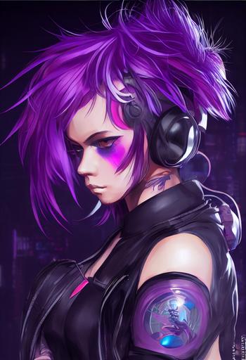 tomboy anime girl, cyberpunk hacker with short neon purple hair and tattoos, modern anime style, granblue fantasy, edgerunners, ghost in the shell --ar 2:3 --test --creative