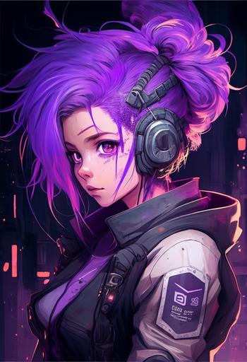 tomboy anime girl, cyberpunk hacker with short neon purple hair and tattoos, modern anime style, granblue fantasy, edgerunners, ghost in the shell --v 4 --ar 2:3