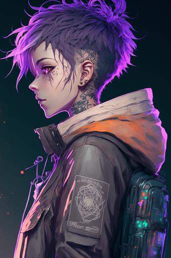 tomboy anime teenaged girl, cyberpunk hacker with short neon purple hair and tattoos, modern anime style, edgerunners, ghost in the shell --v 4 --ar 2:3
