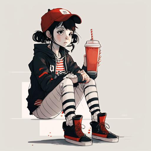tomboy girl with black hair, jacket, white and black striped blouse, dark circles under her eyes, with a black and white cap, leggings and red all star shoes, drinking boba tea . drawing made in the style of evangelion