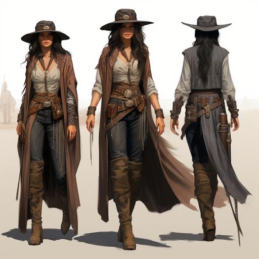 costume design, concept art, medieval European and Wild West influences, desert setting, traveling attire, tunic, duster coat, leather boots