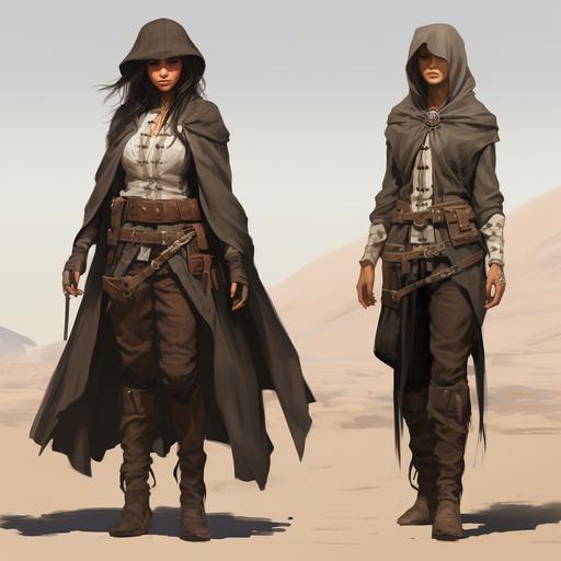 costume design, concept art, medieval European and Wild West influences, desert setting, traveling attire, tunic, duster coat, leather boots