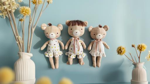 baby bear doll, 7 year old girl doll, cute, multiple expressinos and poses, illustration Styles --ar 16:9 --v 6.0