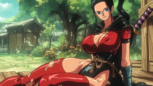 too many wizards Nico Robin woman with wide hips and thunder thighs in a red and black skintight ninja bodysuit, wide stance, realistic anatomies, toned body,, smooth and shiny in a dvd screen grab of One Piece, drawn by Eiichiro Oda, animated by Toei animation studio, 2009 Japanese anime --niji 6 --ar 16:9 --no closeup, zoom