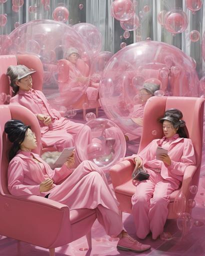 too many wizards reclining and relaxing in their matte-pink bubble chairs while they cast spells into their cocktail glasses. --ar 4:5