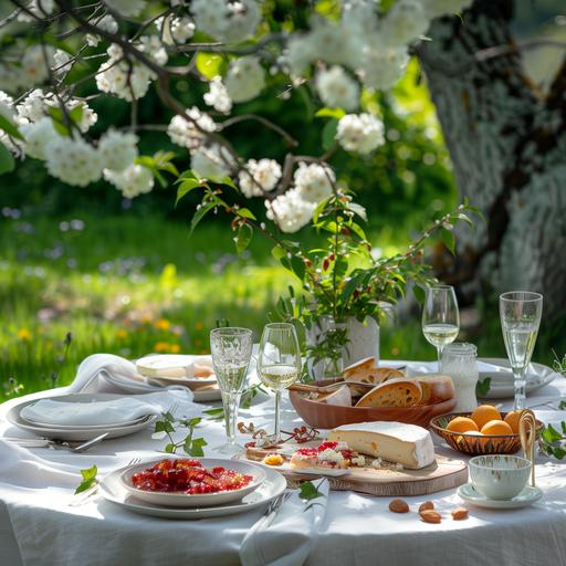 top anckle spring weather in the green garden beautiful surrounding a lovely dinner table with white linen table cloth cheesetable on with white wine and glasses , with my products sugar free jams and nuts www.dailybitess.com --v 6.0