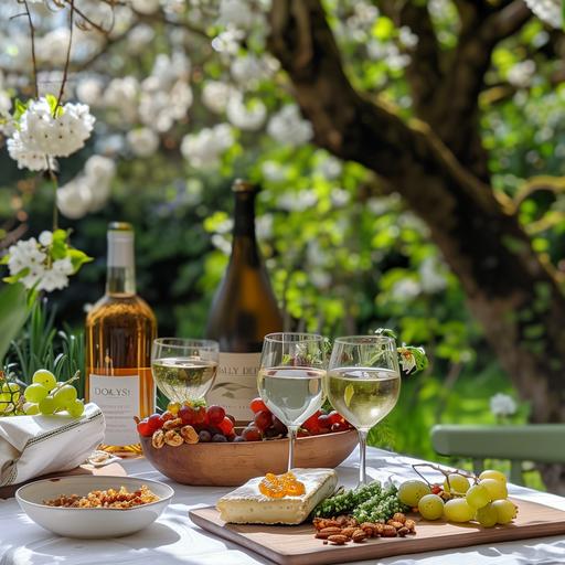 top anckle spring weather in the green garden beautiful surrounding a lovely dinner table with white linen table cloth cheesetable on with white wine and glasses , with my products sugar free jams and nuts www.dailybitess.com --v 6.0