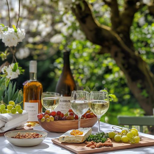 top anckle spring weather in the green garden beautiful surrounding a lovely dinner table with white linen table cloth cheesetable on with white wine and glasses , with my products sugar free jams and nuts www.dailybitess.com --v 6.0