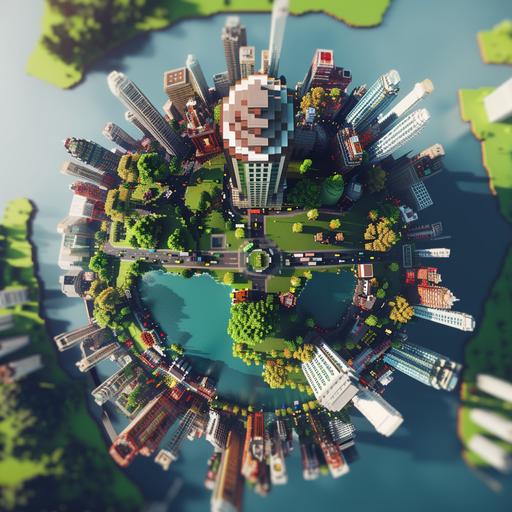 top down fish eye lens tiny planet of a voxel style london england, 3d voxels, minecraft style, vibrant clours, 8k --v 6.0