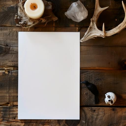 top down shot. style interior mock up. plain white A3 size paper on a wooden table, witch table with candle and small bird skull and crystal style. With coffee cup. clean aesthetic --v 6.0