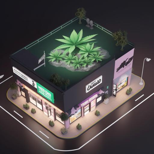 top-down view ,3D model design , cannabis shop, 420 logo billboard,right on the beach street --q 2 --s 750 --v 5