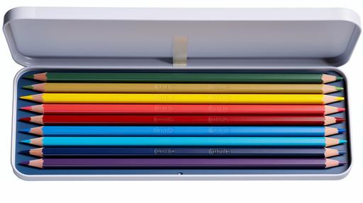 top view of an open ten coloured pencil case, there is an empty space, a gap, instead of the blue pencil, hyperrealistic photo --ar 16:9
