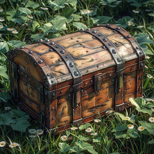 top view of an open treasure chest on a grass field, detailed, realistic --s 750 --v 6.0 --style raw