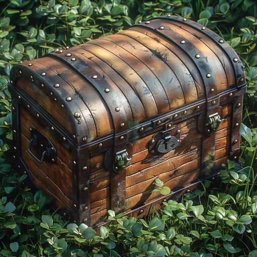 top view of an open treasure chest on a grass field, detailed, realistic --s 750 --v 6.0 --style raw