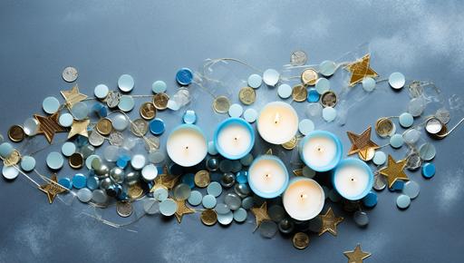 top view of jewish holiday with candles, stars and money, in the style of light sky-blue and light azure, minimalist shapes, uhd image, y2k aesthetic, kitchen still life, candycore, kintsugi --ar 39:22