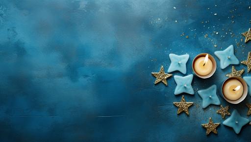top view of jewish holiday with candles, stars and money, in the style of light sky-blue and light azure, minimalist shapes, uhd image, y2k aesthetic, kitchen still life, candycore, kintsugi --ar 39:22