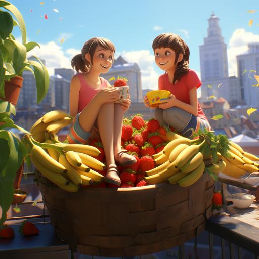 top view of two college going girls having a bowl full of red strawberries and a couple of bananas sitting on rooftop that has plants all around and alot of greenery, strawberries and bananas should look realistic, feel good vibes, pixar 3d