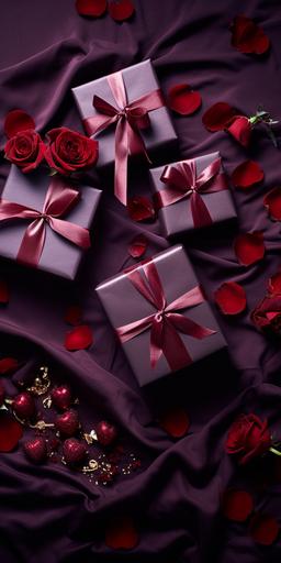 top view photograph of 3 gift boxes spread out on a table with a dark cherry red velvet cloth with valentine elements such as roses and ribbons scattered on the table. Aesthetic, minimal. dark purple. --ar 1:2