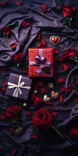 top view photograph of 3 gift boxes spread out on a table with a dark cherry red velvet cloth with valentine elements such as less roses and ribbons scattered on the table. Aesthetic, minimal. dark purple. --ar 1:2