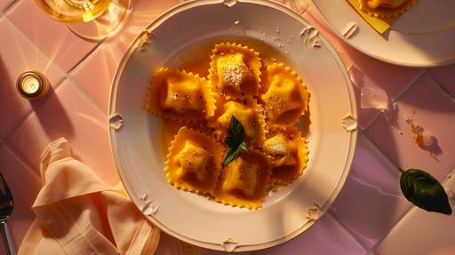 top view photography of a beautiful pumpkin ravioli in a crafted sophisticated vintage light pink small-tile background, using a Nikon D850 with a Sigma 35mm f/1.4 Art lens, details of glass of wine napkin, flashlight, details of the dinner table, ultra-realistic --v 6.0 --ar 16:9