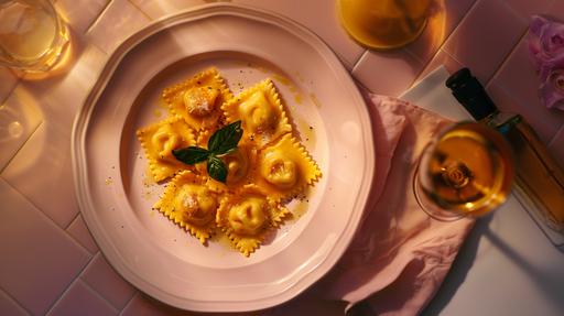 top view photography of a beautiful pumpkin ravioli in a crafted sophisticated vintage light pink small-tile background, using a Nikon D850 with a Sigma 35mm f/1.4 Art lens, details of glass of wine napkin, flashlight, details of the dinner table, ultra-realistic --v 6.0 --ar 16:9