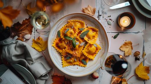 top view photography of a beautiful pumpkin ravioli in a crafted sophisticated vintage light pink small-tile background, using a Nikon D850 with a Sigma 35mm f/1.4 Art lens, details of glass of wine napkin, flashlight, details of the dinner table, ultra-realistic --v 6.0 --ar 16:9