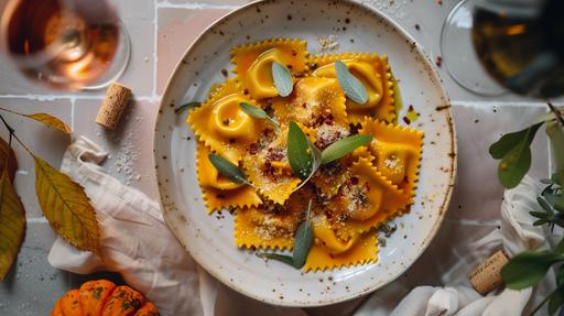 top view photography of a beautiful pumpkin ravioli in a crafted sophisticated vintage light pink small-tile background, using a Nikon D850 with a Sigma 35mm f/1.4 Art lens, details of glass of wine napkin, flashlight, details of the dinner table, ultra-realistic --v 6.0 --ar 16:9