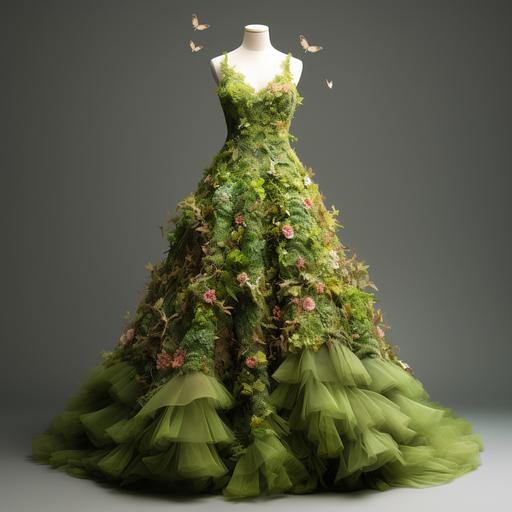 topiary gown full of flowers and butterflies, 3D model, grey background