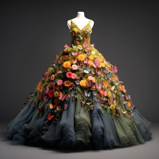 topiary gown full of large colourful flowers and butterflies, 3D model, grey background