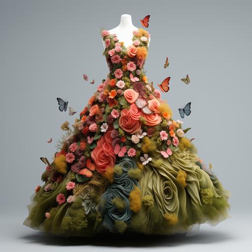 topiary gown full of large colourful flowers and butterflies, 3D model, grey background
