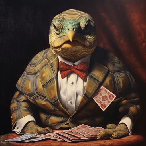 tortoise in a suit, shell on back, mafia, playing cards, Italian, cool, suave, fancy, oil painting --v 5.1