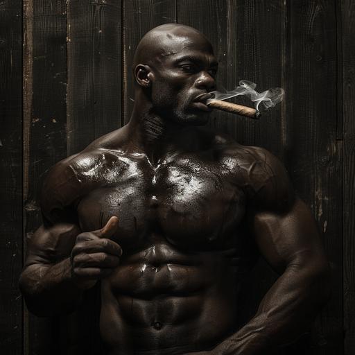 total body shot in editorial style of a 36 year old dark skinned black very muscled man, that is 6.5 feet tall, bald head and a thick black stache wearing thick and tight black shiny rubber all over his upper body, smoking a big gran habano cigar, leaning at ease against a dark wooden wall, looking straight into the camera --v 6.0