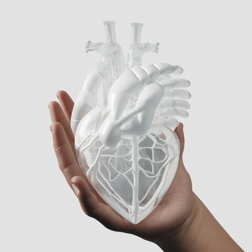 totally white mannequin hand holding a human heart, transparent background