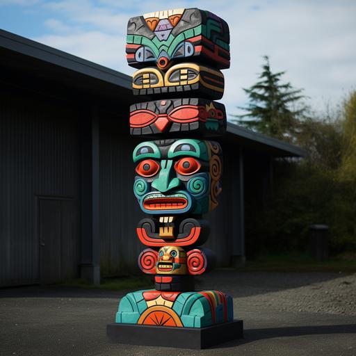 totem, 2 meter wide, 4meter tall, aztec syle, weared paint, made of stone and bronze, psyquedelic style