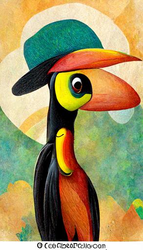 toucan bird, cartoon character, with a hat and cane, brazil background, —ar 9:16 --s 5000
