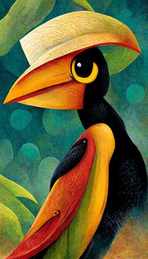 toucan bird, cartoon character, with a hat and cane, brazil background, —ar 9:16  --s 5000
