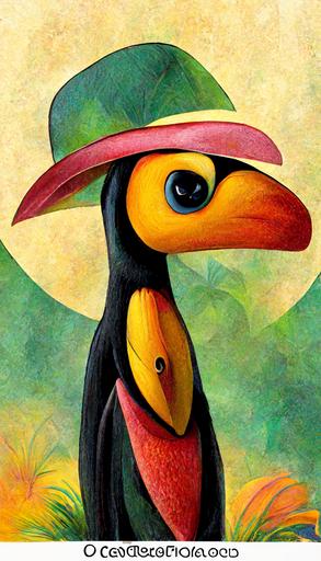 toucan bird, cartoon character, with a hat and cane, brazil background, —ar 9:16 --s 5000