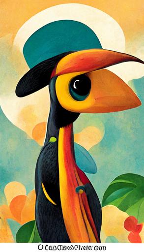 toucan bird, cartoon character, with a hat and cane, brazil background, —ar 9:16  --s 5000 --uplight