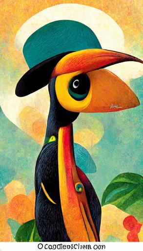 toucan bird, cartoon character, with a hat and cane, brazil background, —ar 9:16  --s 5000