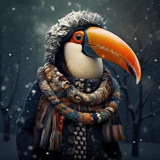 toucan bird wearing winter suit
