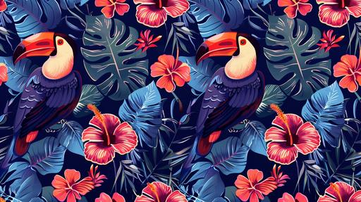 toucan, flowers, monstera, feathers, blue, coral, red, purple seamless repeating pattern --ar 16:9