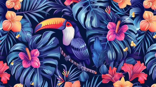 toucan, flowers, monstera, feathers, blue, coral, red, purple seamless repeating pattern --ar 16:9