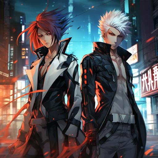 Design an bleach anime character wallpaper featuring a dynamic duo of protagonists from a futuristic cyberpunk setting. Incorporate sleek, futuristic attire and intricate cybernetic enhancements to reflect their advanced technological world. Ensure the characters exude confidence and determination, with intense expressions and dynamic poses. Surround them with neon-lit cityscapes, bustling streets, and towering skyscrapers to emphasize the urban, high-tech atmosphere. Enhance the depth effect by placing them in the foreground against a backdrop of sprawling city vistas, with layers of buildings fading into the distance.