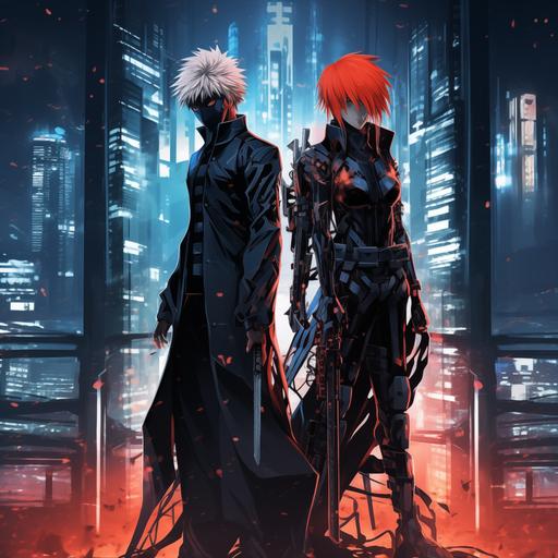 Design an bleach anime character wallpaper featuring a dynamic duo of protagonists from a futuristic cyberpunk setting. Incorporate sleek, futuristic attire and intricate cybernetic enhancements to reflect their advanced technological world. Ensure the characters exude confidence and determination, with intense expressions and dynamic poses. Surround them with neon-lit cityscapes, bustling streets, and towering skyscrapers to emphasize the urban, high-tech atmosphere. Enhance the depth effect by placing them in the foreground against a backdrop of sprawling city vistas, with layers of buildings fading into the distance.
