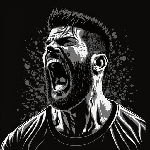 tough guy screaming, vector style, illustration, black and white, solid background color