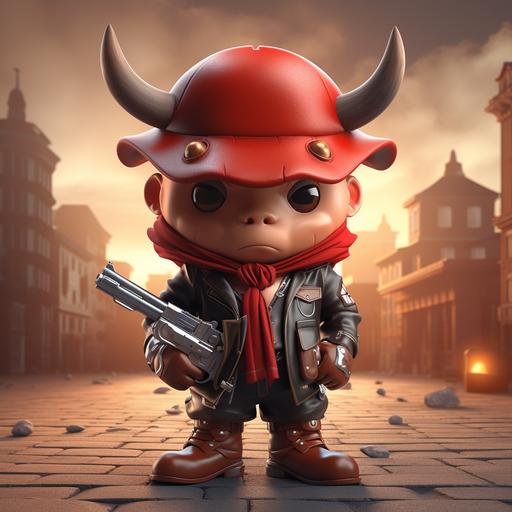 bull,cowboy town,red scarf,cowboy hat,holding gun, chibi,3d,4k,