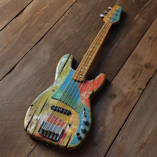 toy bass guitar made of old worm-eaten and painted wooden planks --uplight --v 5