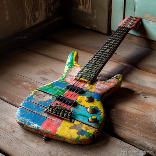 toy passe guitar made of old worm-eaten and painted wooden planks in an old attic --uplight --v 5