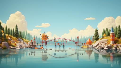toys standing on bridge in the middle of lake, cartoon style --ar 16:9