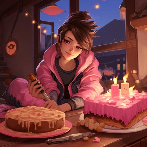 tracer from overwatch in pajamas sitting at a long wooden table in a castle eating pink birthday cake / soft cartoon style